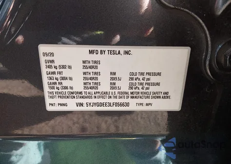 2020 Tesla Model Y Long Range Dual Motor All-Wheel Drive z USA, uszkodzony, nr VIN 5YJYGDEE3LF056630
